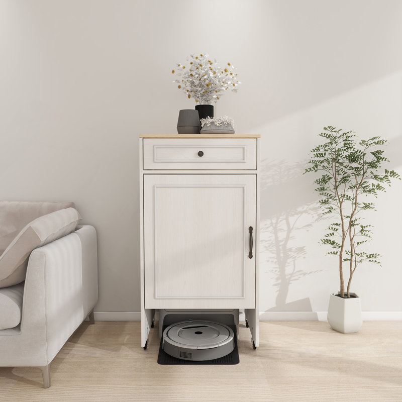 Robot aspirateur avec roulettes, support de rangement pour robot avec portes et tiroirs, table d'appoint pour salon, bureau personnel, cuisine - blanc antique