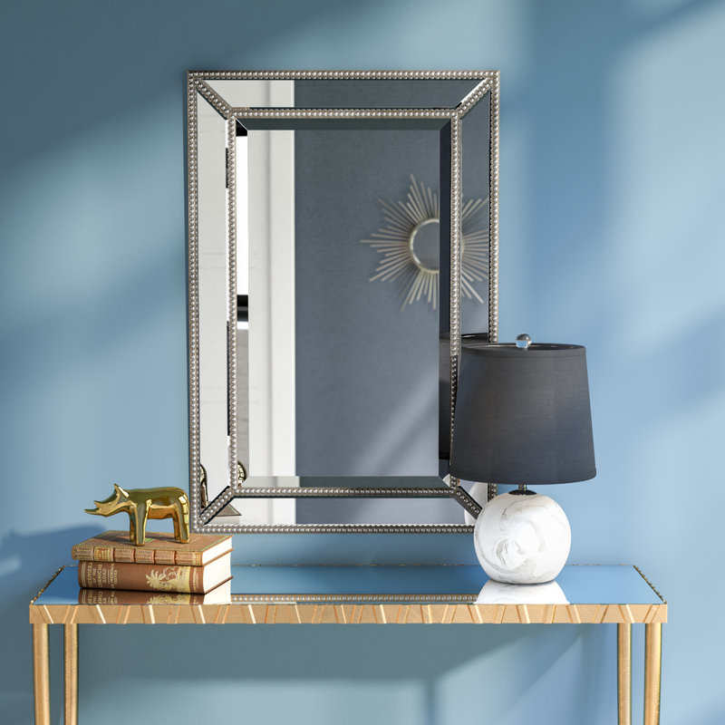 Metro Beaded Champagne Silver Glass Framed Decorative Accent Wall Mirror - 24" x 36"