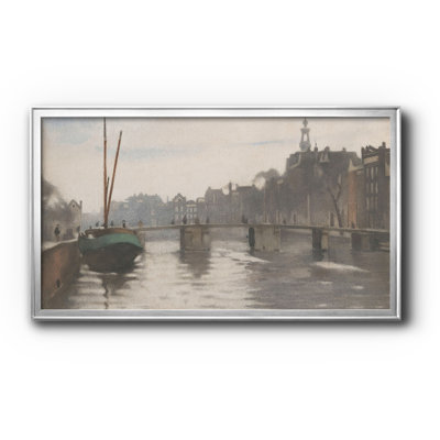 Tableau sur toile encadrée représentant un canal d'Amsterdam vintage avec des bateaux - Paysage urbain - Série Paysage CDLXXXIX, ouverture 16 x 32 cm, cadre argenté, dimensions extérieures 19 x 35 cm