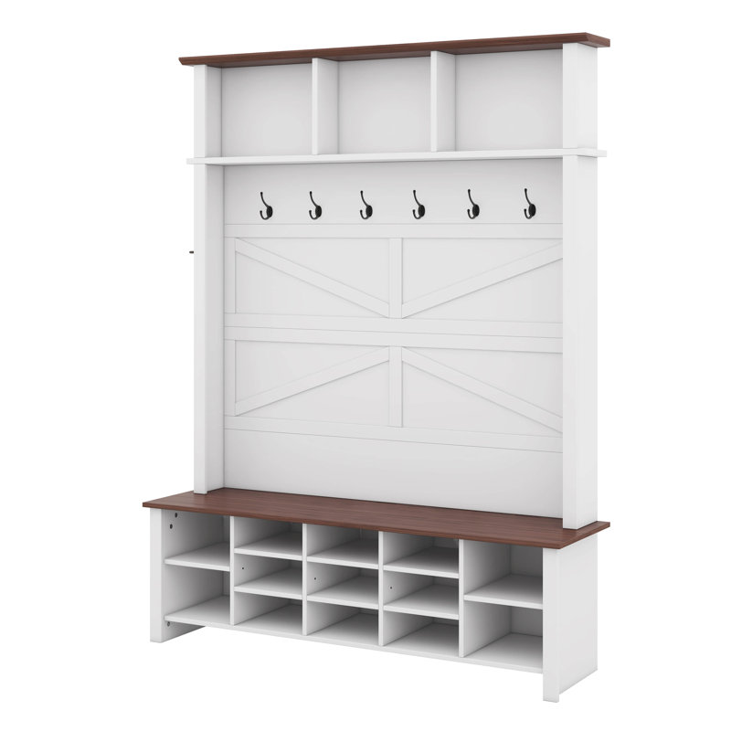 4-In-1 Hall Tree With 6 Hooks, Walnut Entryway Bench With Adjustable Shelves, Wooden Shoe Organizer With 16 Open Compartments