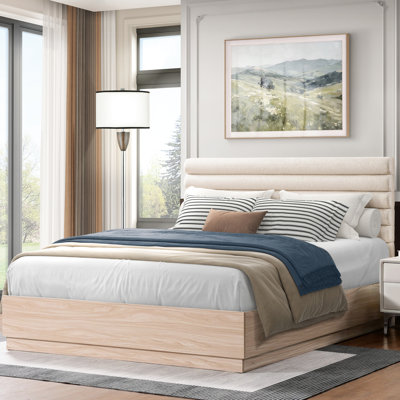 Cadre de grand lit pour chambre à coucher côtière moderne, tête de lit Taupe Boucle, bois de soutien à poids élevé avec tissu de bois franc d'ingénierie recouvert de tissu, système de lattes silencieuses, capacité de poids de 800 livres, facile