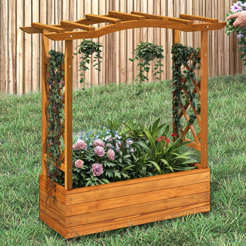 Brown Solid Wood Raised Garden Bed with Trellis and Hanging Roof