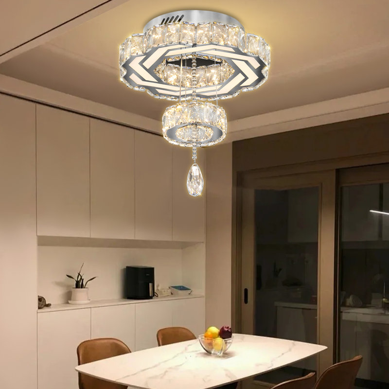 D15''x H13''2 niveaux argenté lustre de plafond en cristal goutte de pluie éclairage de température réglable pour le salon