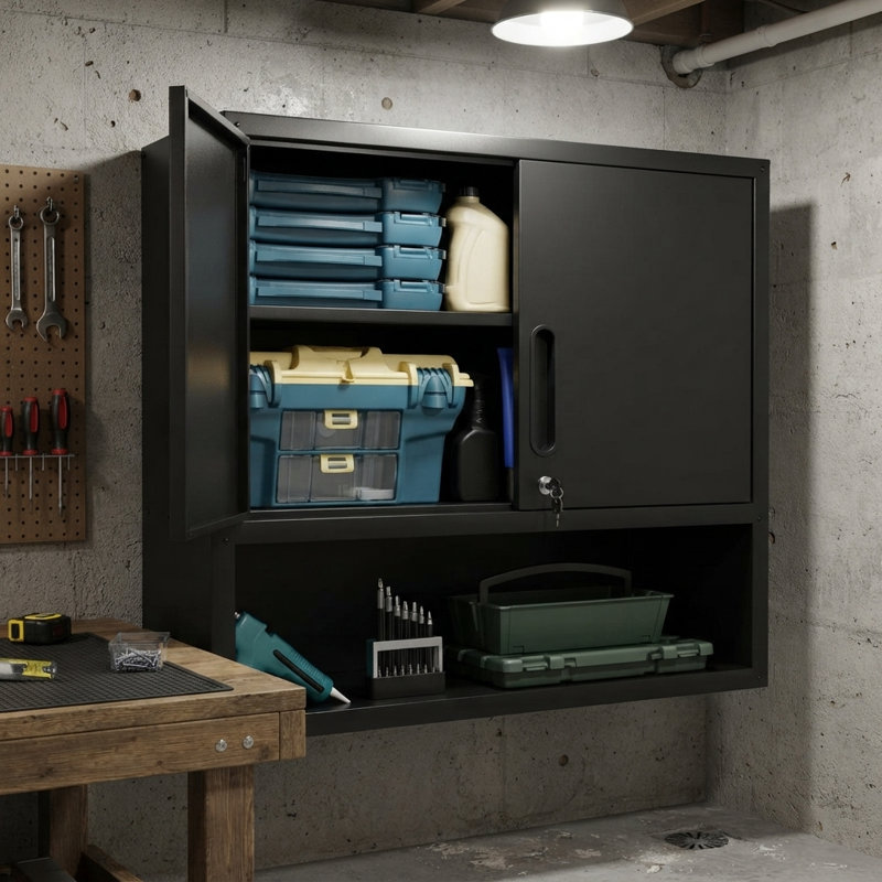 Armoire de rangement murale en métal de 29,5 po de largeur avec serrure et tablette ouverte, coffre à outils flottant robuste avec tablette réglable pour garage, atelier et atelier de réparation automobile, noir