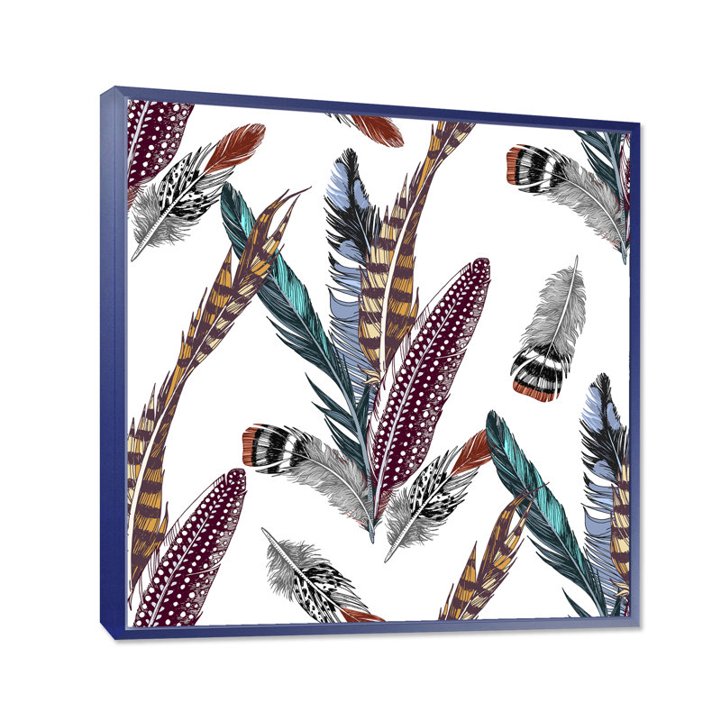 Ensemble de plumes colorées Boho V - Impression sur toile, H 16 po x l 16 po x P 1 po, Encadrement bleu