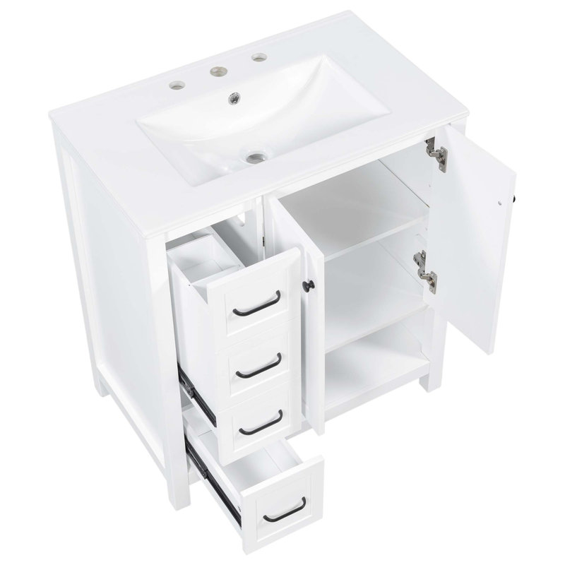 Meuble-lavabo moderne avec lavabo en céramique et grand rangement, Blanc