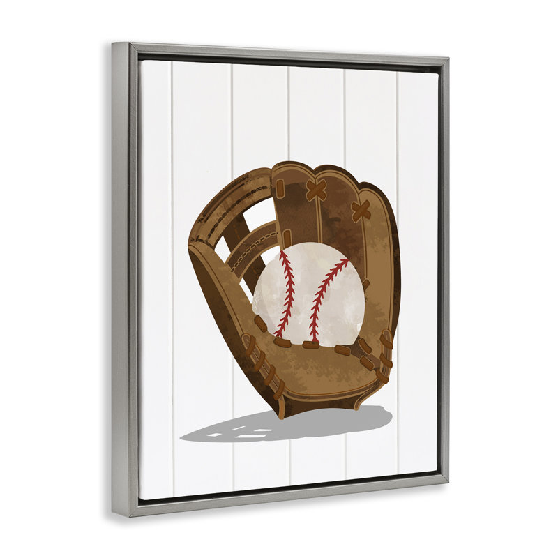 Baseball sportif dans un cadre flottant avec gants, design par Christine Simpson Art, H 21 po x l 17 po