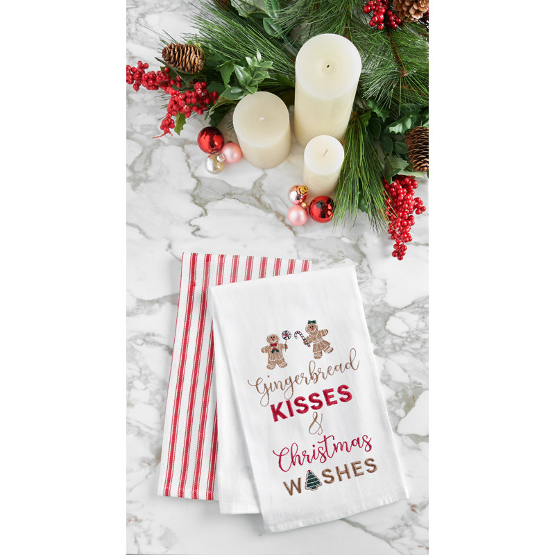 "Gingerbread Kisses and Christmas Wishes" Sentiment with Gingerbread Men Cotton Flour Sack Kitchen Towel 27L x 18W in.