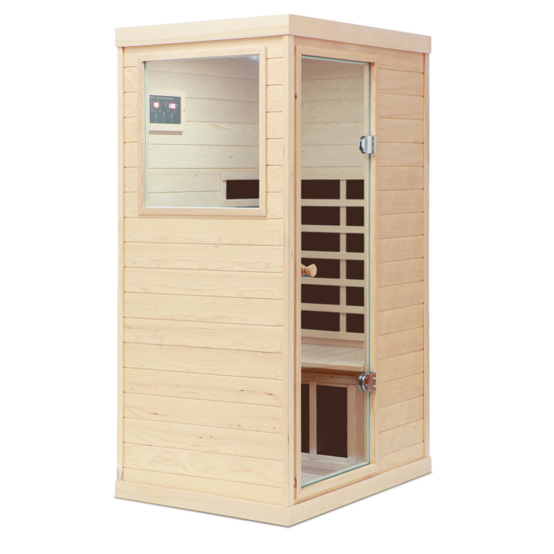 Hemlock Mini One Person Far Infrared Door On The Left Of The Indoor Sauna Room, Natural, Right