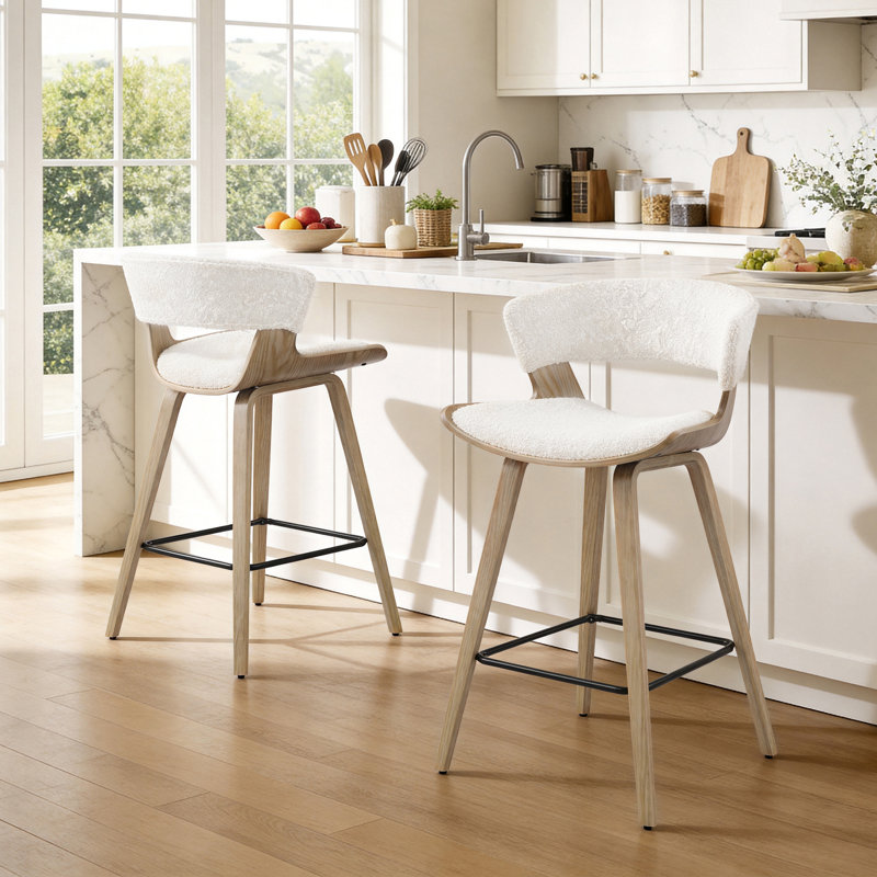 Binni 26.97" Sherpa Fleece Upholstered Counter Stool with Solid Wood Frame, Off-White