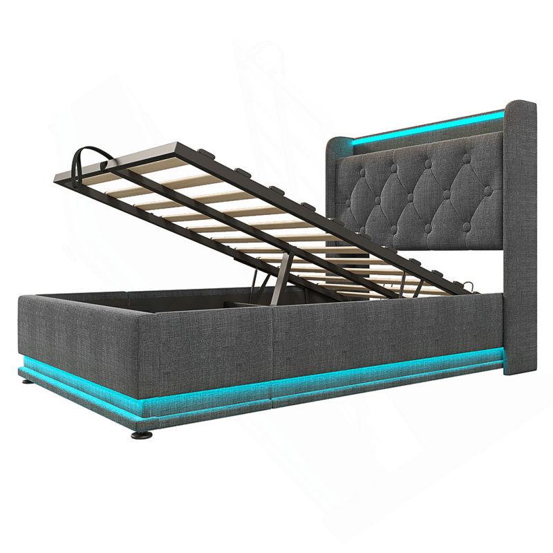 Queen Size Upholstered Bed with 360° LED Lights, Hydraulic Storage, USB Type-C Charging, PU Leather Frame, Black, Black