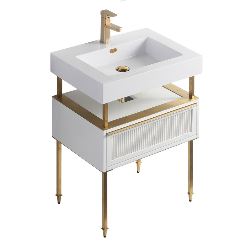 Strobel 24'' Single Bathroom Vanity with Manufactured Wood Top, Satin Brass, White