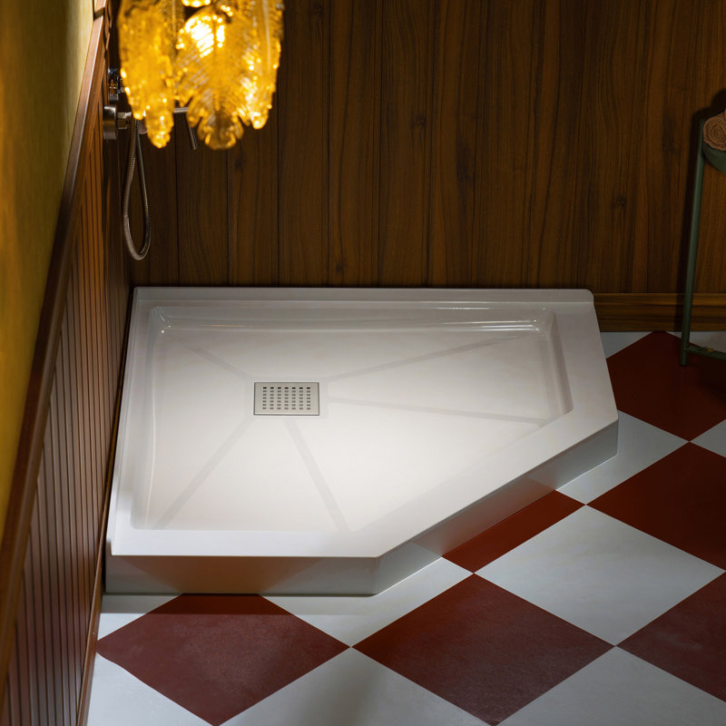 WOODBRIDGE 34 In. X 34 In. Solid Surface Neo-Angle Shower Base Pan In White With Drain Cover, Brushed Nickel