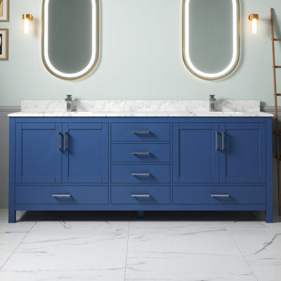  84" Blue Bathroom Vanity: Two Stain-Resistant Solid Surface Sink Tops ,6 Internal Drawers,Easy Installation