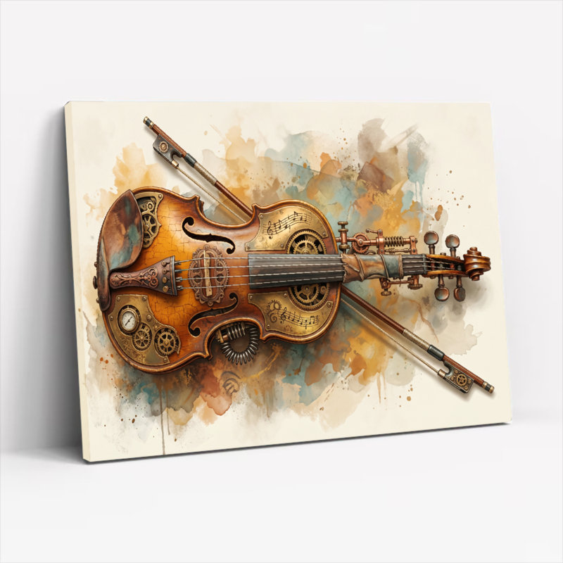 Ensemble de 1 tableau sur toile représentant un violon steampunk, 18"H x 24"W, Wrapped Canvas
