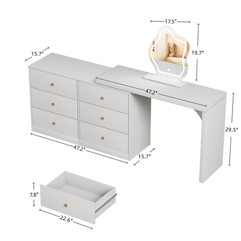 Gouldin Vanity Desk with Lighted Mirror, Extendable Vanity Table with 6 Drawers