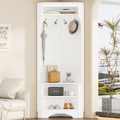 Black Minimalist Corner Hall Tree With Shoe Bench