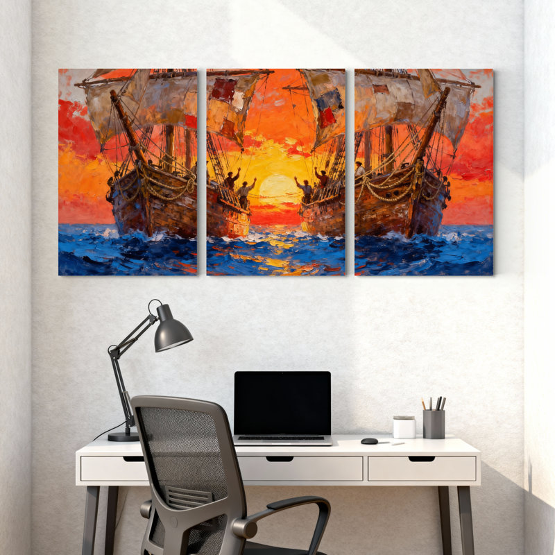 Nautique coucher de soleil voilier océan vagues ciel reflets ensemble de 3 impressions d'art sur toile, H 18 po x l 36 po