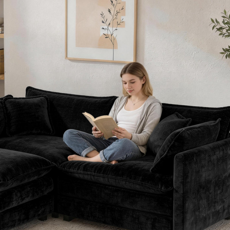 Canapé modulaire 70 po en L chenille 70 po avec repose-pieds pour petits espaces, Chenille noir