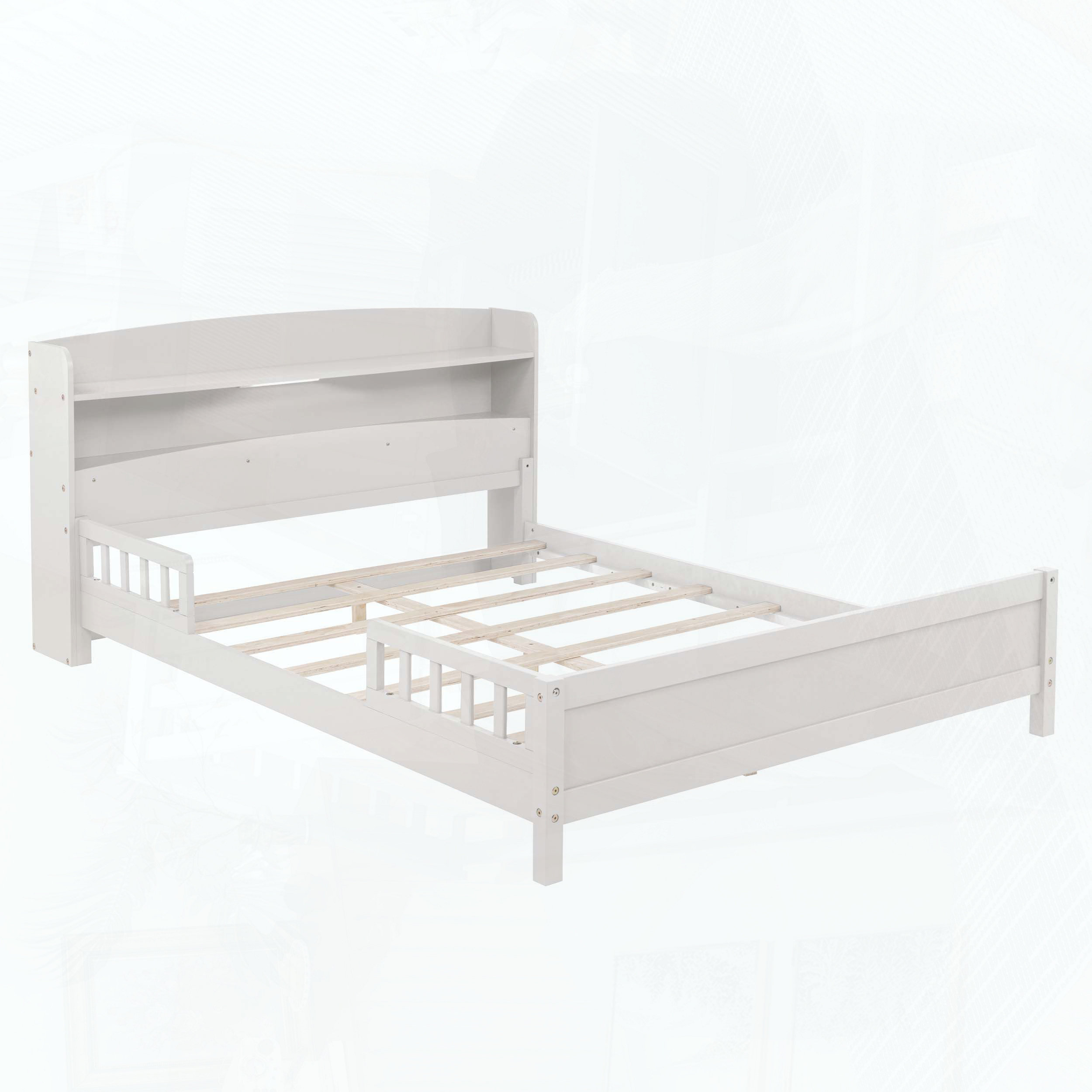 Ebern Designs Twin Pine Wood Bed with Bookcase Headboard and LED Motion ...