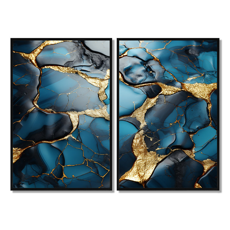 Agate mosaïque en marbre doré et bleu II - décoration murale moderne, 36" H x 48" W, Impression encadrée flottante, Black