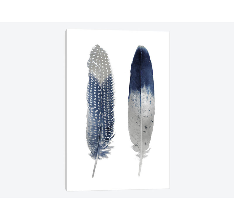 « plumes pair », impression sur toile en blanc bleu, H 26 po x l 18 po x P 1,5 po