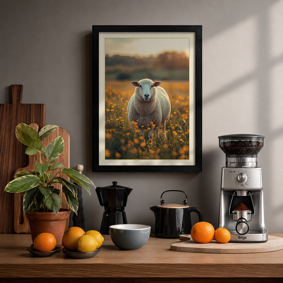 Sheep in Golden Meadow Pastoral - Framed Print