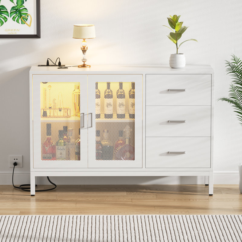 Kyzier 45.27'' Coffee Wine Bar Cabinet with LED Light, Sideboard With 3 Drawers, White