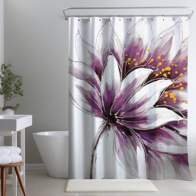 Floral – Polyester Shower Curtain, Dye Sublimation Print, 71" W × 74" L, White/Purple