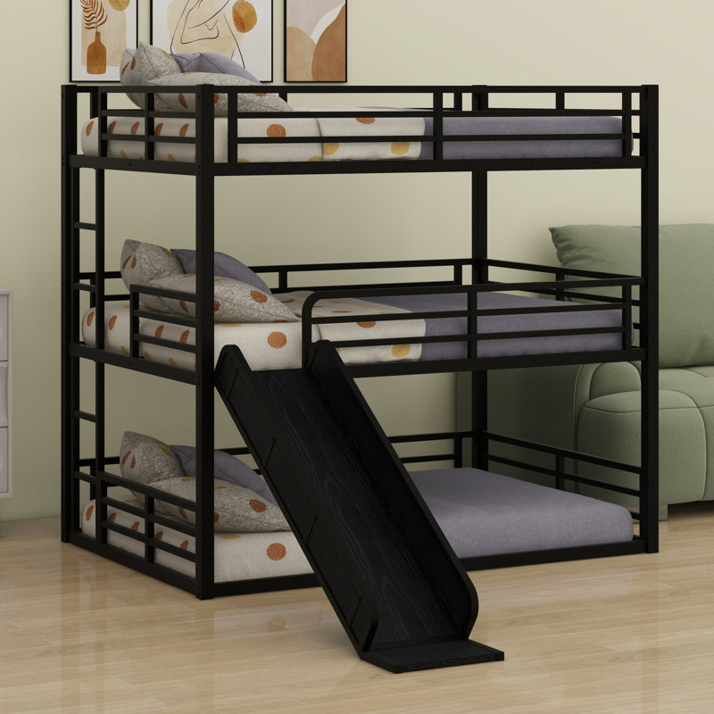 Metal Triple Bunk Bed With Safety Guardrails,Slide And Noise-Reduced Design, Queen Over Queen
