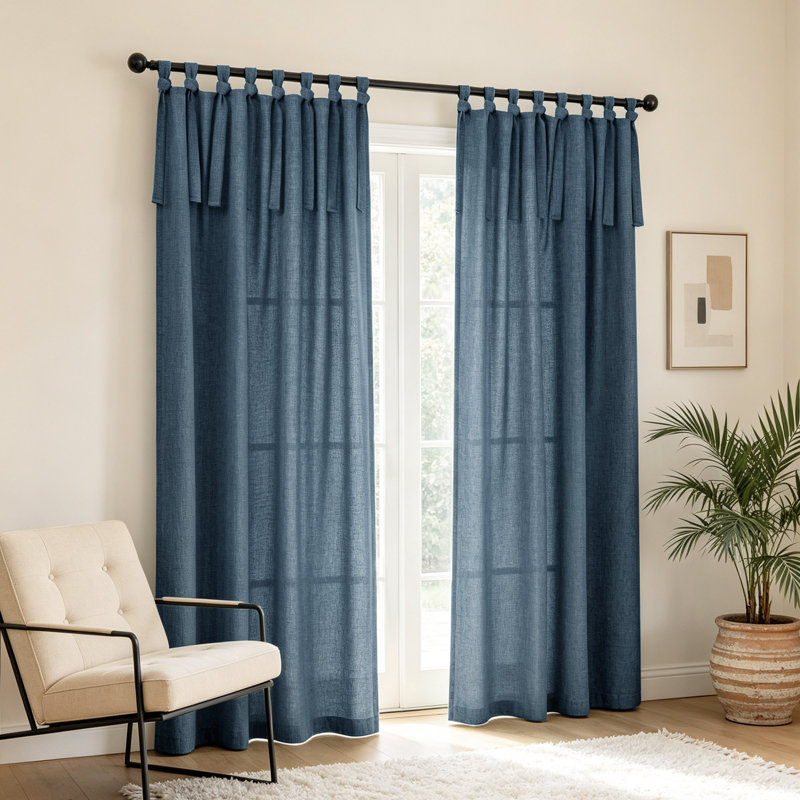 Linen Texture Tie Top Light Filtering Curtain Pair(2 Panels), 52" W x 96" L, Dark Blue