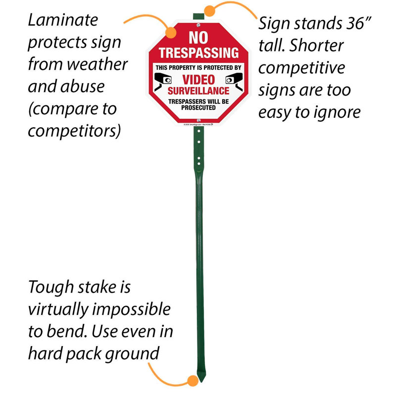 No Trespassing This Property Is Protected by Video Surveillance Trespassers Will Be Prosecuted 10" X 10" Aluminum Lawnboss Sign with 3' Stake
