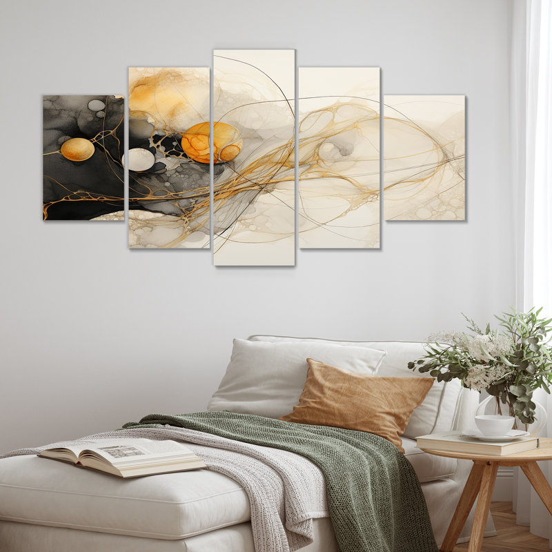 Maselli - Encre liquide, art mural abstrait, toile 5 pièces, H 32 po x l 60 po