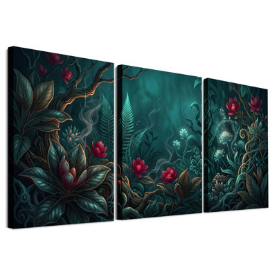 "Deep Teal Forest", ensemble de 3 toiles de magnolia cramoisi et fougères