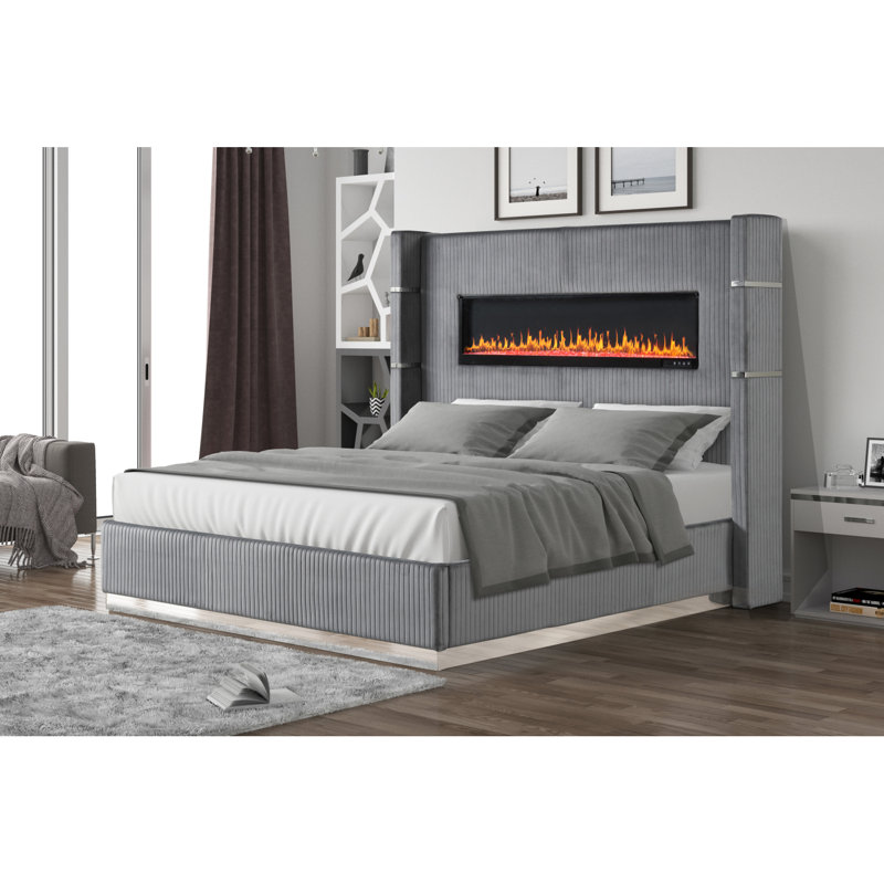 Lit en bois avec éclairage ambiant Lizelle Upholstedry, Gris, Grand lit
