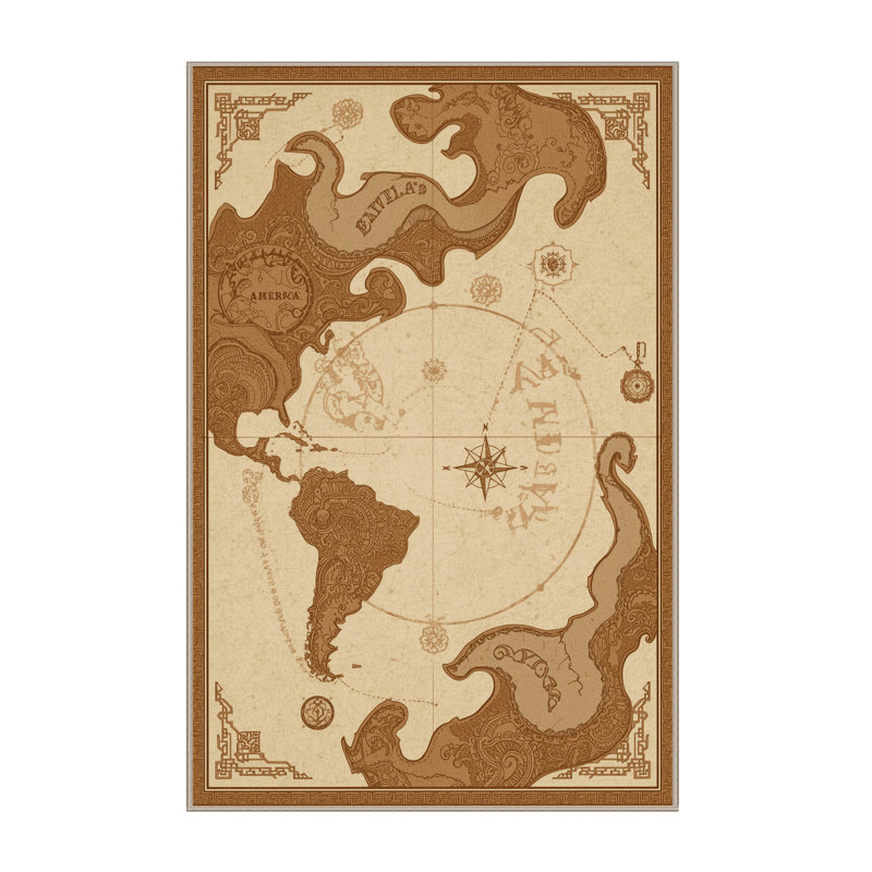 Tapis oriental doux et moelleux à motif de carte du monde avec affiche beige et brun, 4 x 6