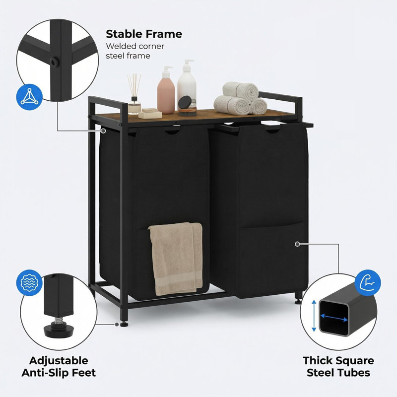 Organisateur de panier à linge 2 sections 26,8 x 13 x 28,3 po, 2 sacs coulissants de 48,5 L, tablette de 100 lb, brun rustique / noir autoportant