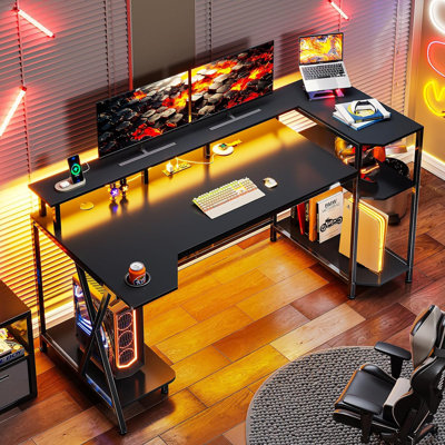 55" Gaming Desk with LED Lights, Storage Shelves, Computer Desk with Monitor Stand, Power Outlets and Cup Holder, Large PC Workstation for Bedroom Living Room, Black
