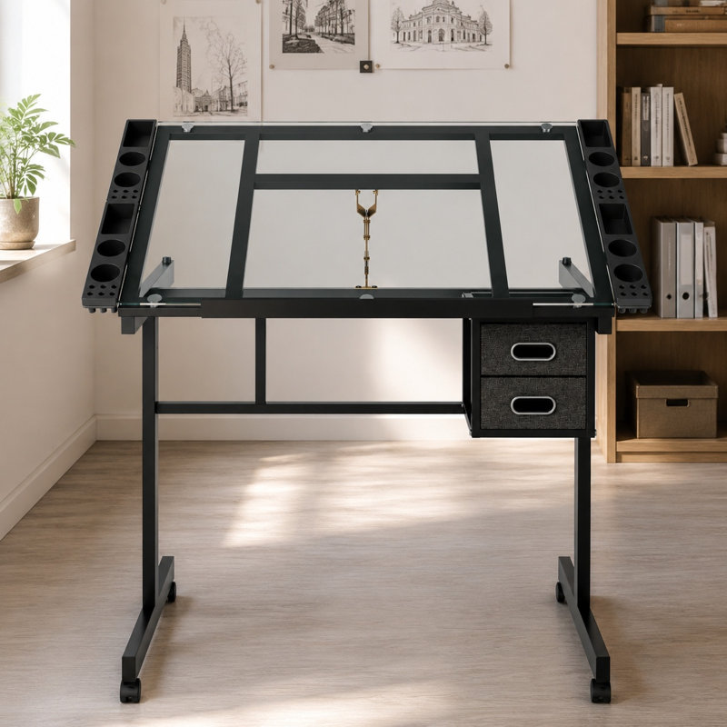 Table à dessin réglable avec plateau en verre trempé, réglage de la hauteur de la manivelle, tiroirs et chaise, noir