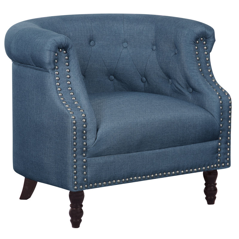 Fauteuil demi-tonneau en lin capitonné Willisville, Bleu océan