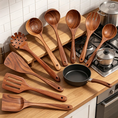 9-Piece Teak Wooden Utensil Set for Cooking - Heat-Resistant Spoons, Spatulas & Ladles - Lightweight Durable Tools for Non-Stick Cookware