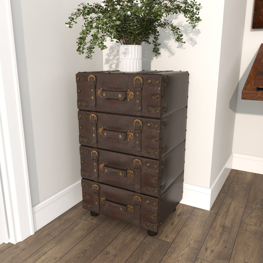 Urbana Black Faux Leather Vintage 4 Drawer Room Chest with Buckle Straps & Gold Stud Accents Steelside™