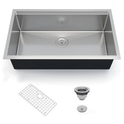 36" x 19" x 10" Stainless Steel Undermount Kitchen Sink, Single Bowl Bar Prep Sink with Workstation Ledge, Brushed Finish, Bottom Grid & Drain Strainer