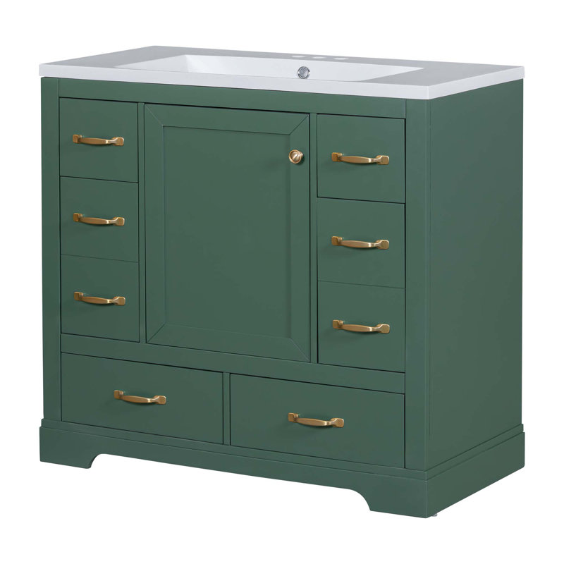 Meuble-lavabo 36 po avec lavabo 36 po, 6 tiroirs, diviseur de tiroir multifonctionnel, tablette réglable, Vert