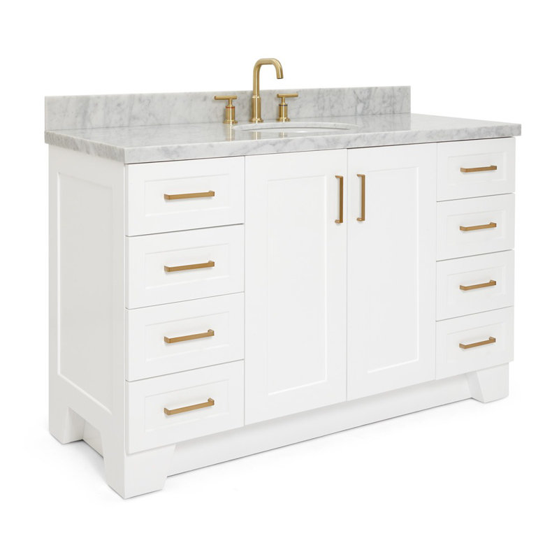Ensemble de meuble-lavabo simple 55 po en bois massif blanc avec plateau en marbre de Carrare 1,5 po Freitas, Ovale, Blanc