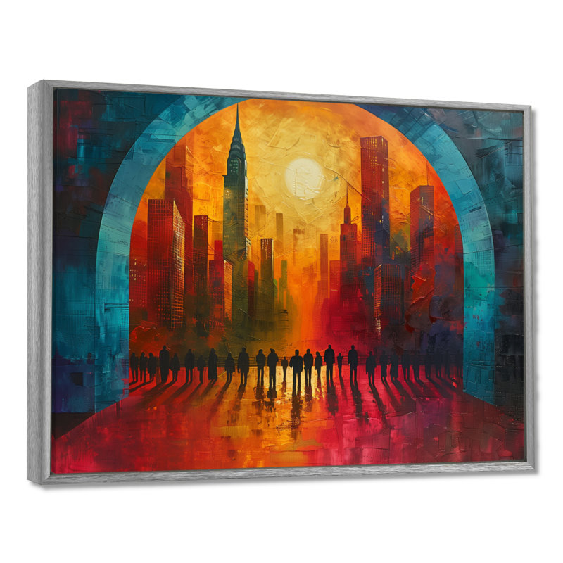 Rouge, bleu, ville, connexion, été, ciel, gratte-ciel, ponts, art mural, salon, Encadrement argenté, H 24 po x l 32 po