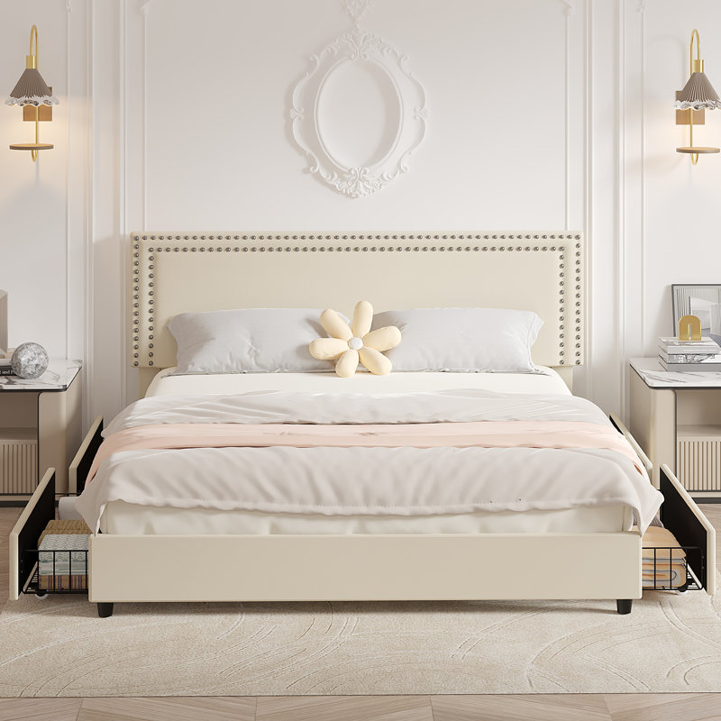 Lit plateforme très grand avec tiroirs de rangement, Beige, Très grand