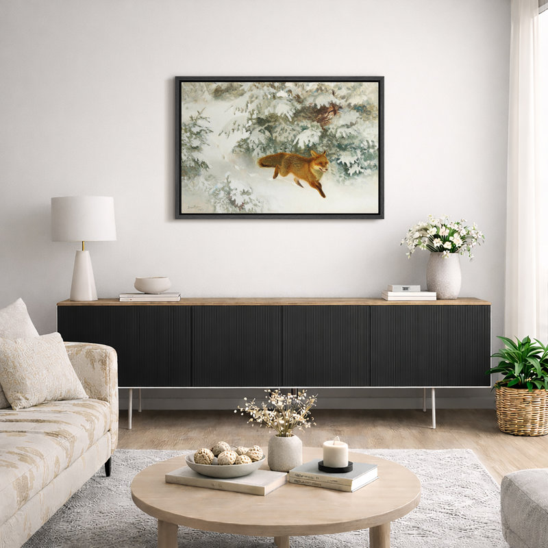 Courir, renard roux dans une forêt enneigée, œuvres d'art, impression sur toile encadrée, H 24 po x l 36 po