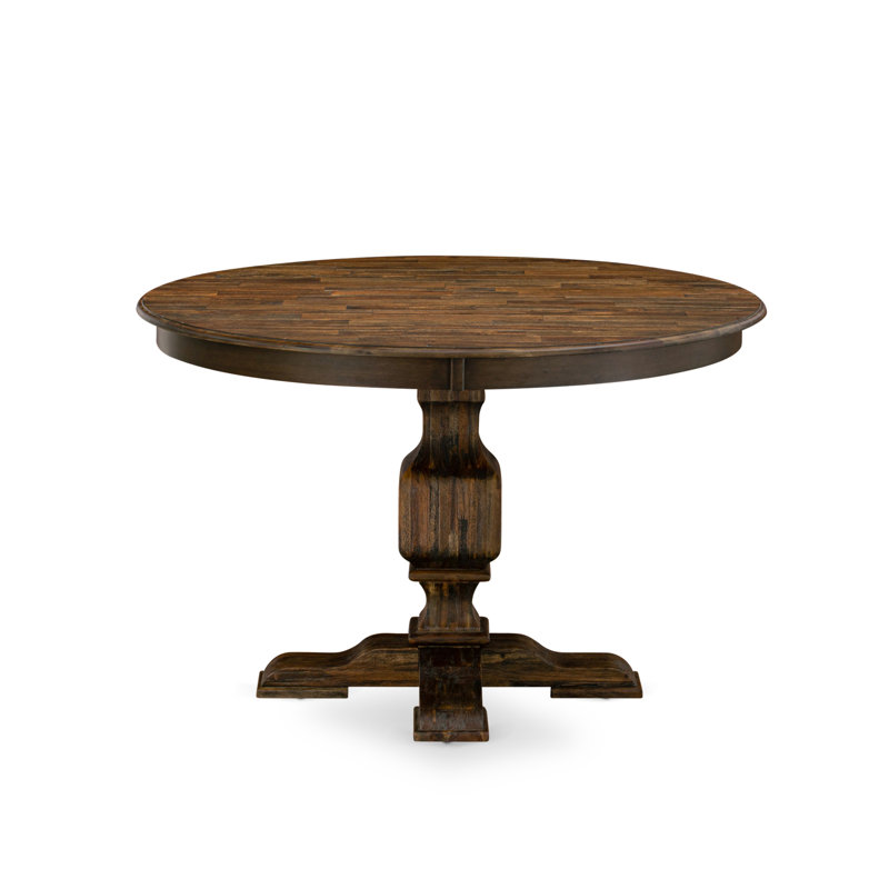 5 Piece Dining Set Includes a Round Dining Room Table with Pedestal and 4 Limelight Linen Fabric Upholstered Parson Chairs, Distressed Jacobean