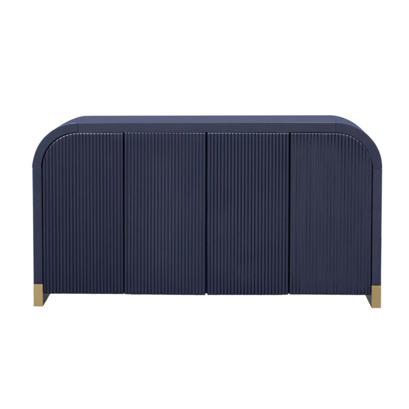 4-Door Curved Corner Design Wavy Door Panel Cabinet with Adjustable Shelves, Perfect for Study and Living Room, Navy Blue